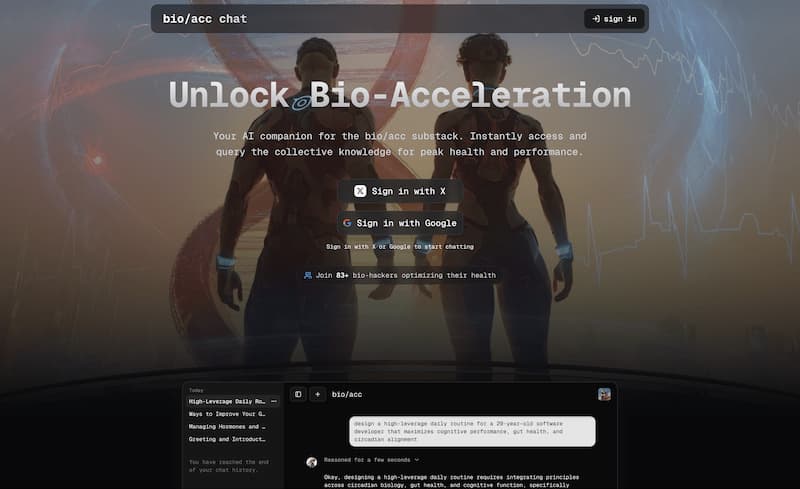 bio/acc chat landing page: Unlock Bio-Acceleration, with sign-in options
